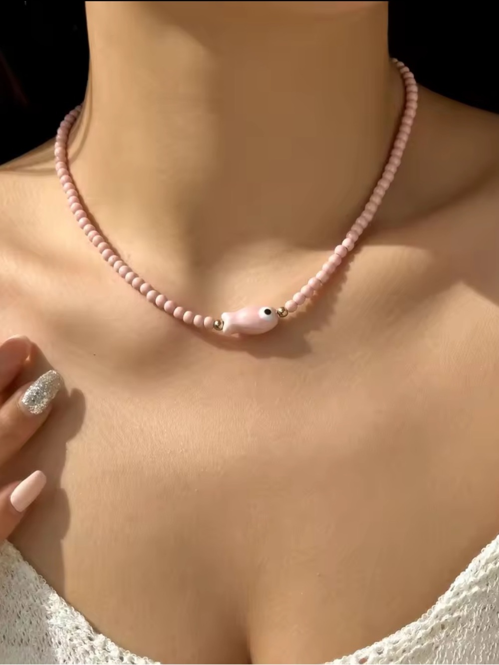 Pink Ceramic Fish Beaded Necklace For Women - Women's Jewelry